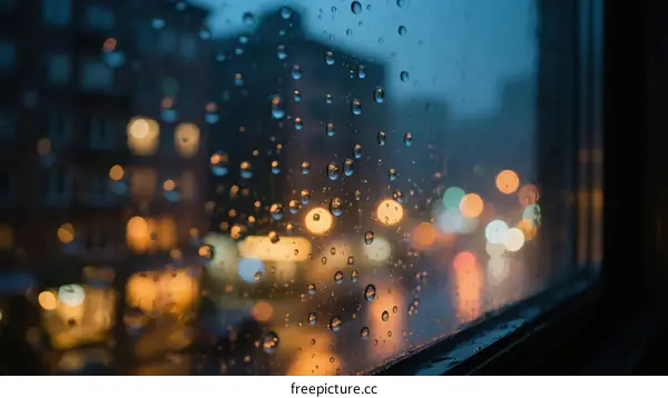 Raindrops on window with blurred city lights in evening