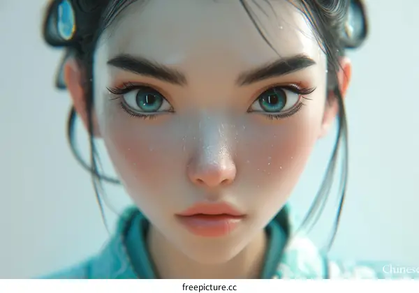 Portrait of a young woman with blue eyes and black hair