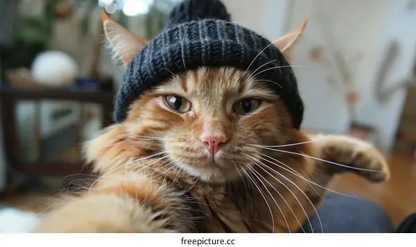 ginger cat wearing a black beanie