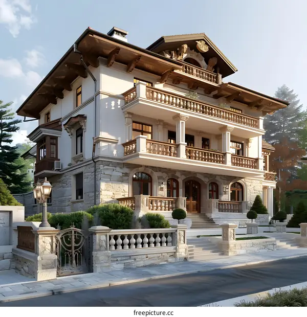 European-style villa with stone and wood elements