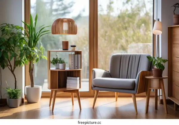 Stylish Living Room with Plants, Armchair and Side Table