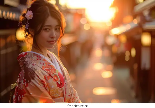 Portrait of a beautiful Japanese woman in traditional kimono smiling at the camera