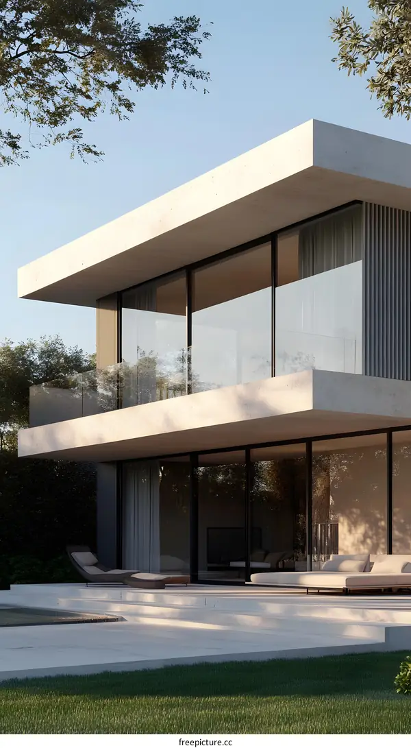 Modern Concrete House with Glass Balconies and Lush Green Lawn