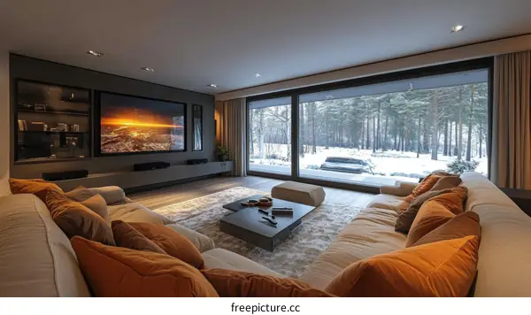 Modern Home Theater Room with Winter Forest View