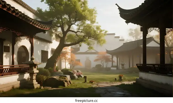 Traditional Chinese Garden Courtyard with Pavilion and Tree