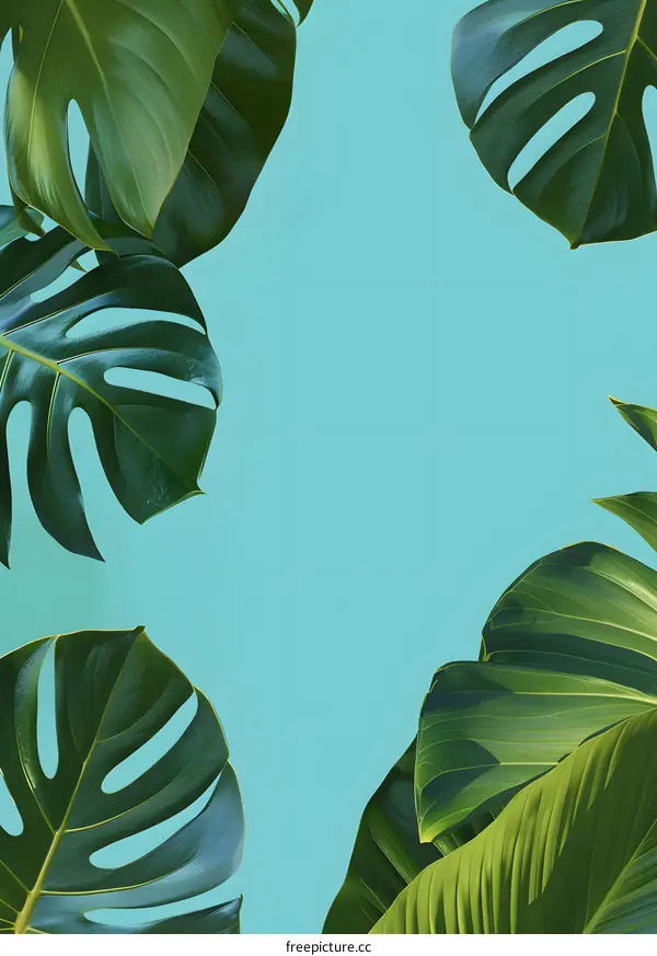 Tropical Leaves on Blue Background