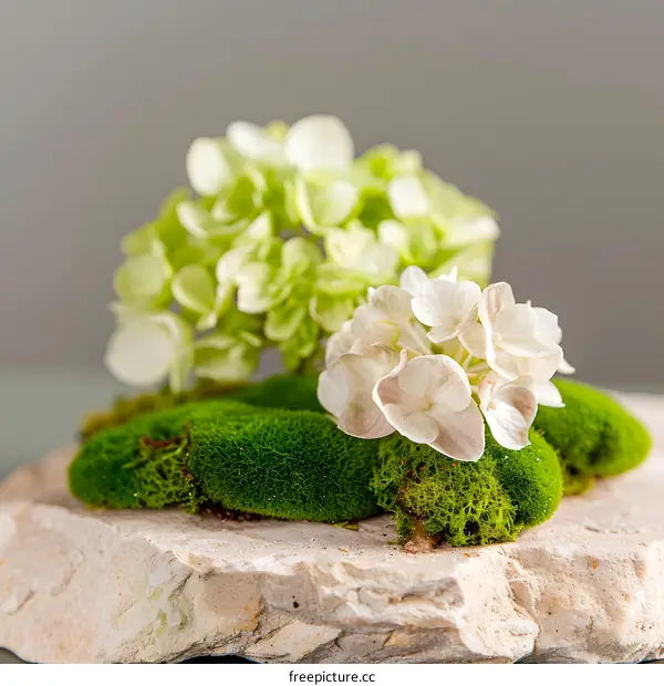 Green Moss and White Flowers on Stone