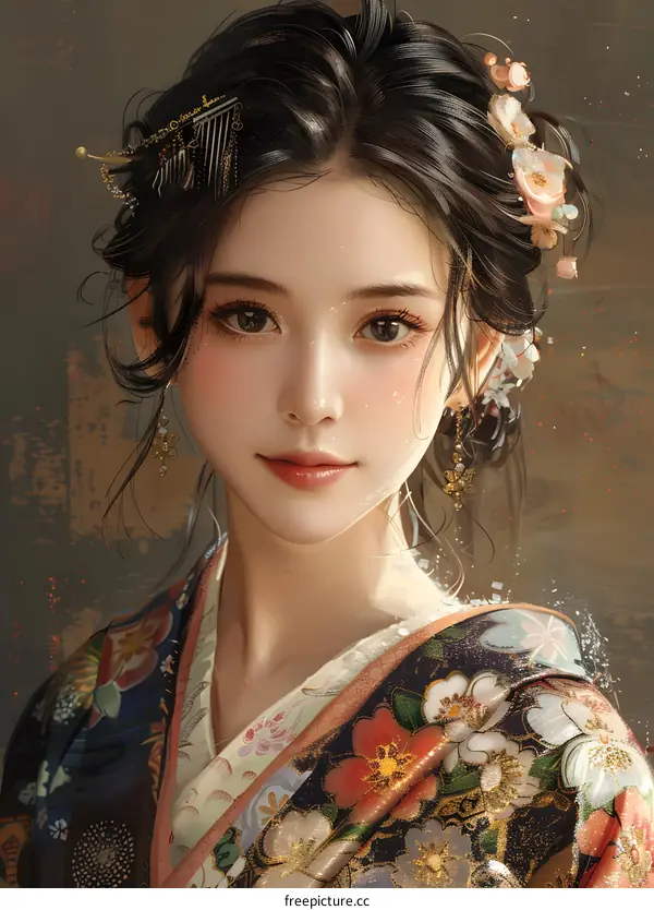 An illustration of a beautiful Asian woman in a kimono with flowers in her hair