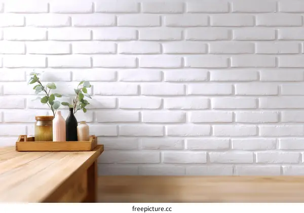 Simple Wooden Tray with Vases and Plants Against a White Brick Wall