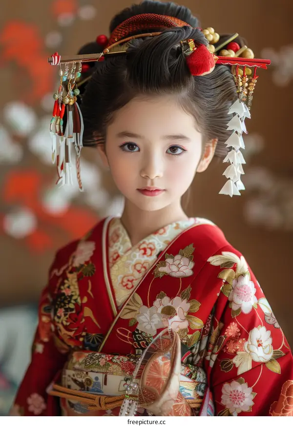 Portrait of a young Japanese girl in traditional kimono