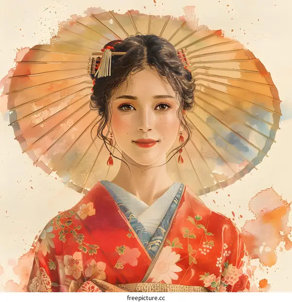 An illustration of a Japanese woman wearing a kimono and holding an umbrella