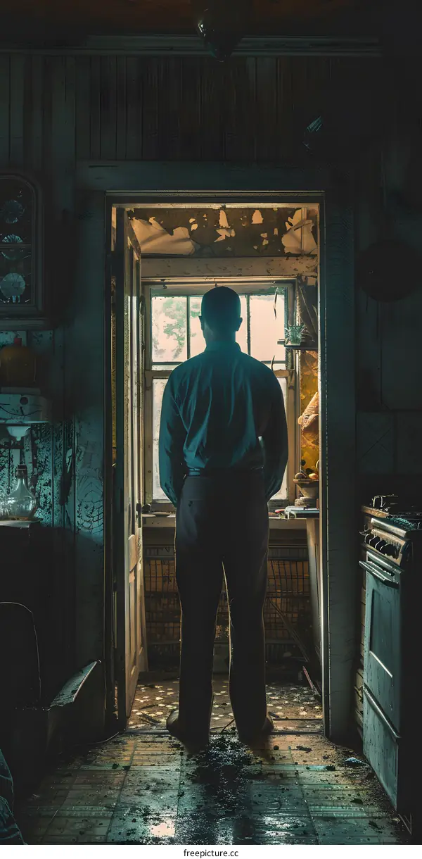 Man Standing in Abandoned Kitchen Doorway