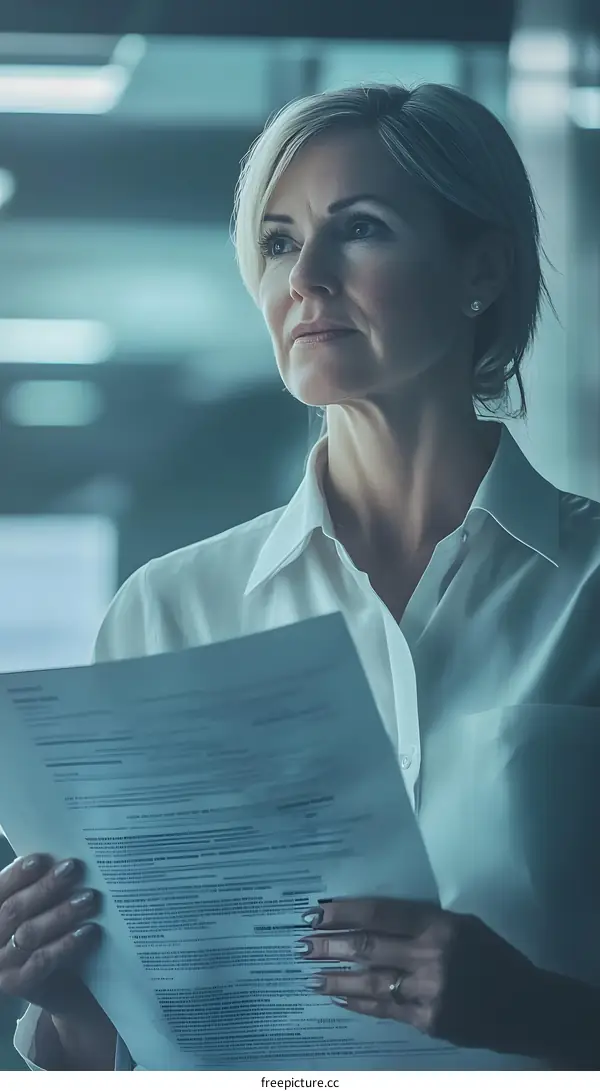 Businesswoman Reading Document and Thinking