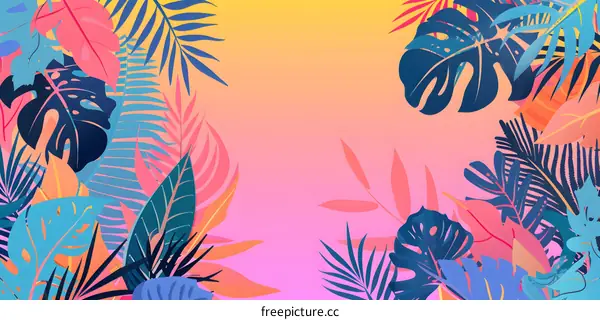 Colorful Tropical Leaves and Pink Gradient Background