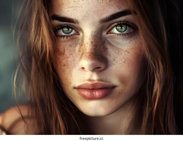 Close Up Portrait of a Woman With Freckles and Green Eyes