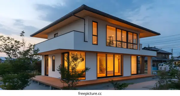Modern Japanese Style House Exterior Design with Wooden Deck