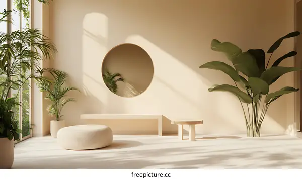 Minimalist Interior Design with Plants and a Circular Mirror