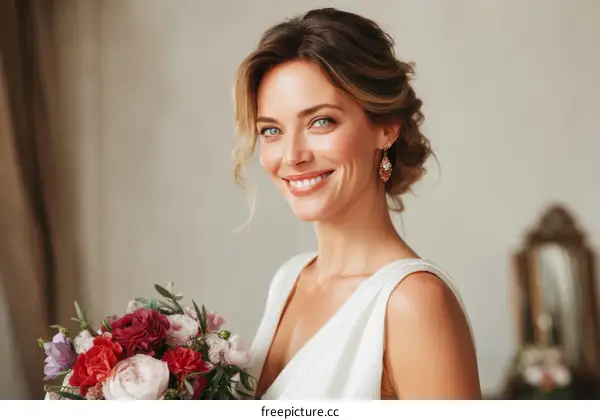 Beautiful Bride Holding a Bouquet of Flowers