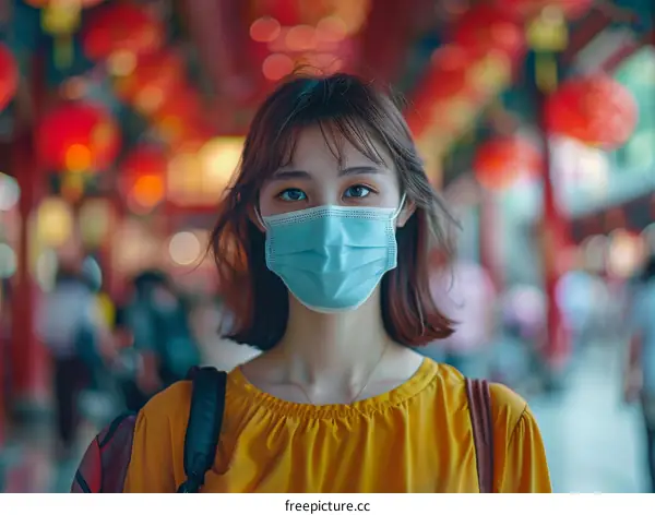 Portrait of a young woman wearing a mask in a crowded place