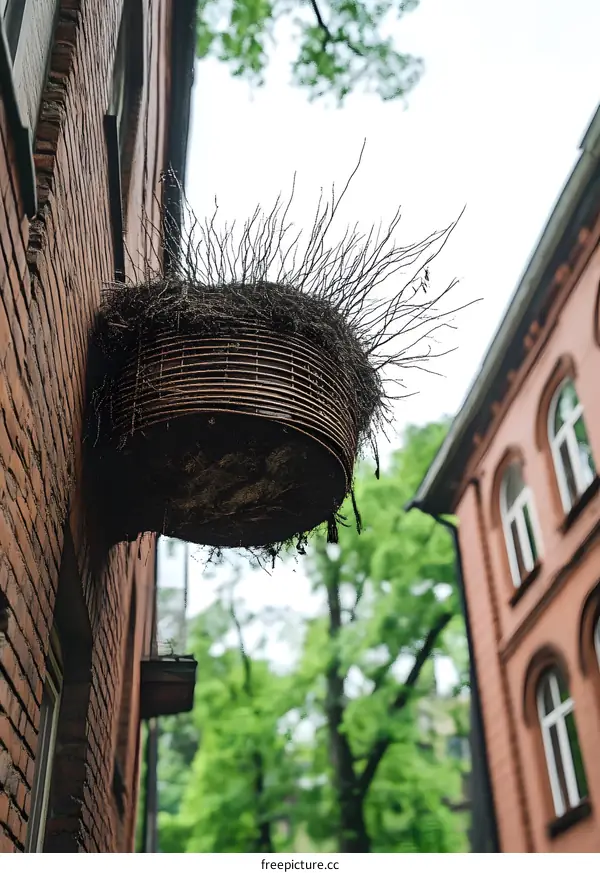 Old Wooden Planter Hanging On Red Brick Wall