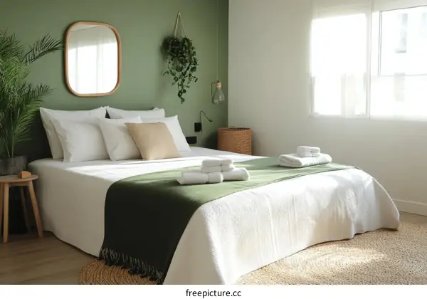 Modern Green Bedroom with White Bedding