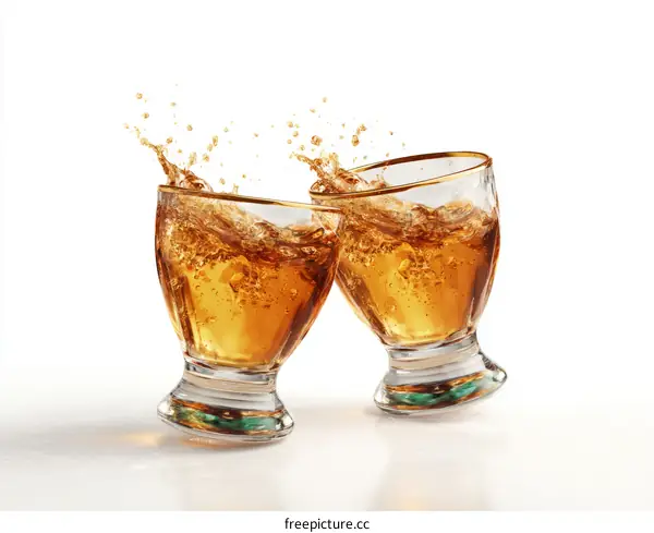 Two Glasses of Alcoholic Beverages Clinking with Splashing Liquid