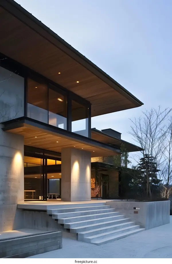 Modern Concrete House with Wooden Roof and Steps