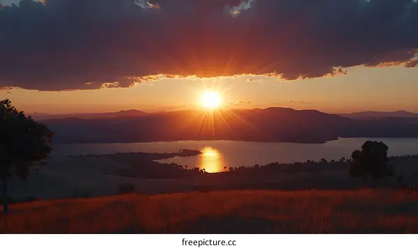 Sunset over the Lake and Mountains