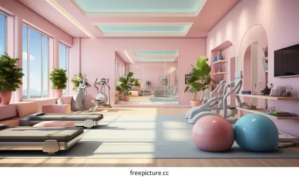 A Millennial Pink Home Gym with Large Windows