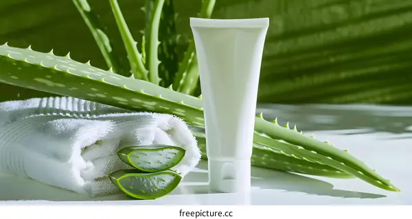 Aloe Vera Plant and Cream Tube with White Towel