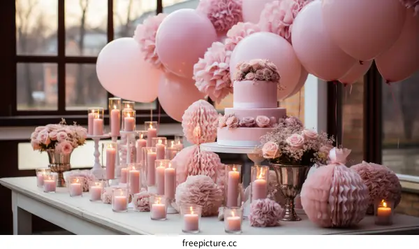 Pink Birthday Party Decorations: Cake, Balloons, Flowers
