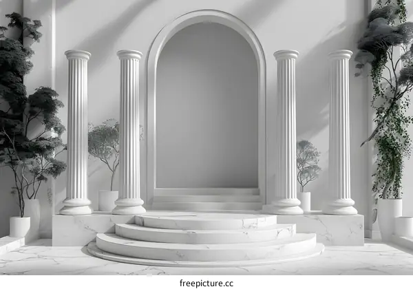 White marble colonnade with plants
