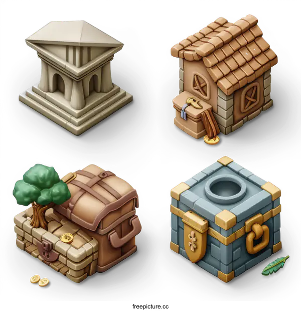 [Transparent Background PNG]A set of four isometric fantasy buildings