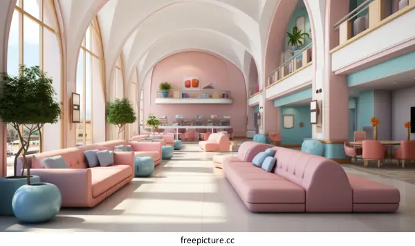 Pink and blue pastel color furnished hotel lobby interior