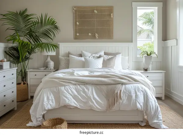 cozy white coastal bedroom