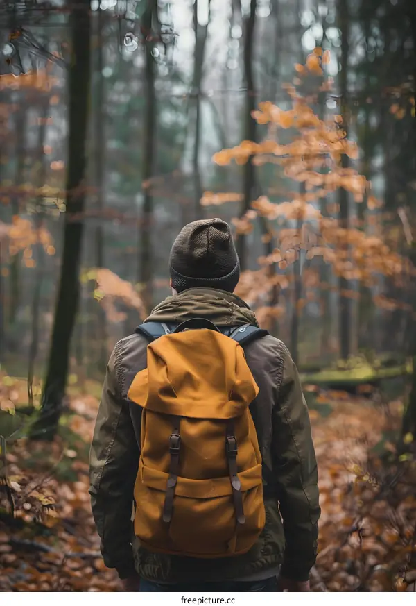 Man With Backpack Walking Through Forest