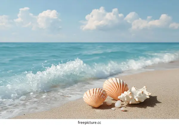 Seashells on a Sandy Beach with Ocean View