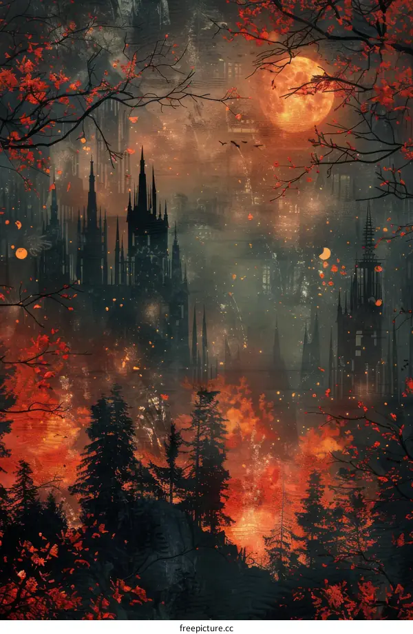 Gothic Castle Illustration with Red Moon and Crows