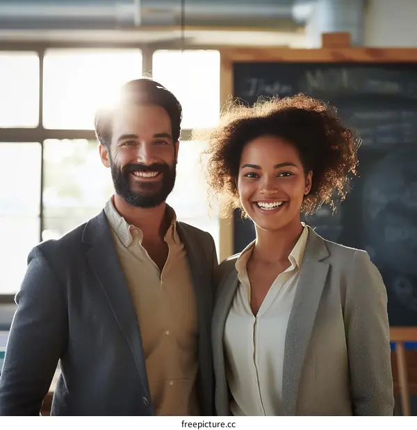 Smiling business professionals standing together in an office