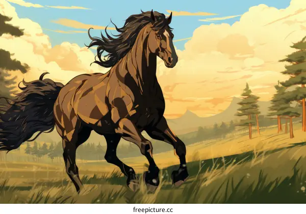 A beautiful brown horse is running in the field