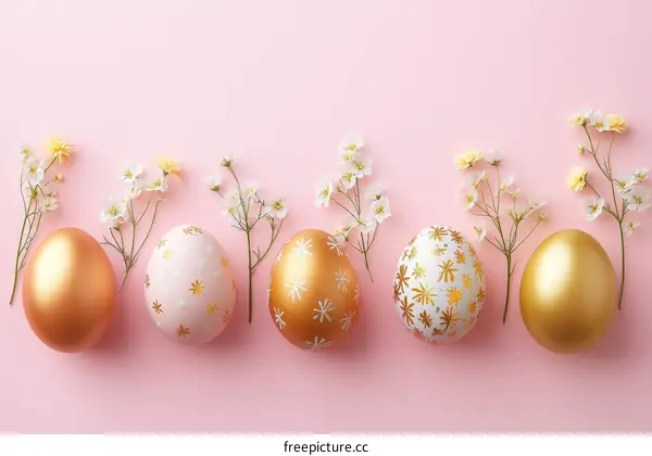 Easter Eggs and Flowers on Pink Background
