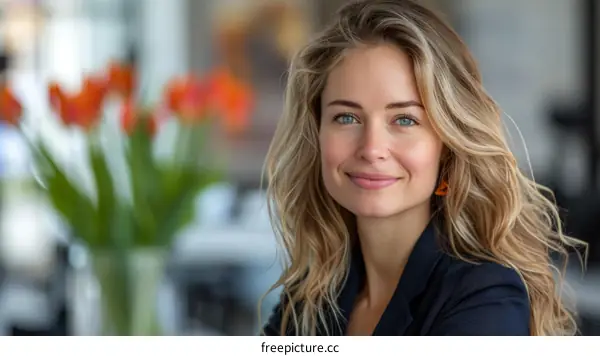 Portrait of a beautiful young woman with blonde hair and blue eyes