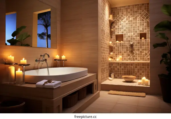 Luxurious Bathroom Interior with Bathtub, Shower, and Candles