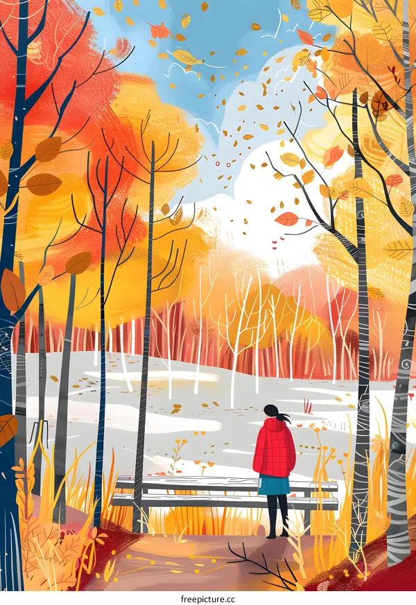 Autumn Forest Illustration with a Woman Looking at the View
