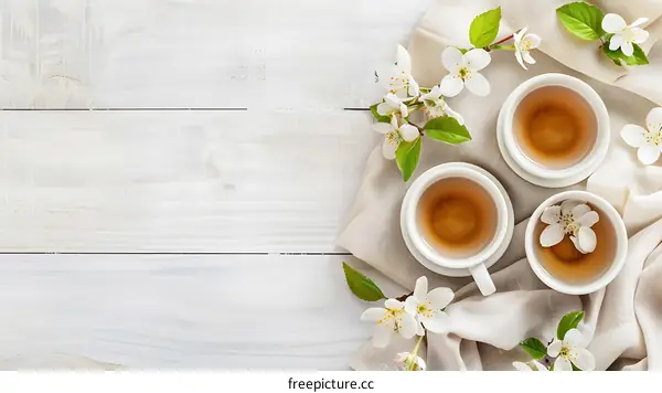 White Wooden Background With Tea Cups And Flowers