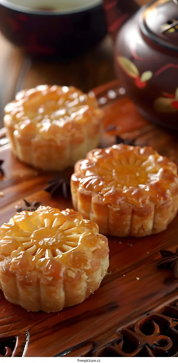 Close Up of Three Delicious Chinese Pastry on Wooden Tray
