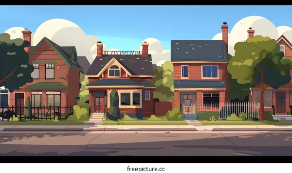 Charming Suburban Houses With Green Trees and Blue Sky