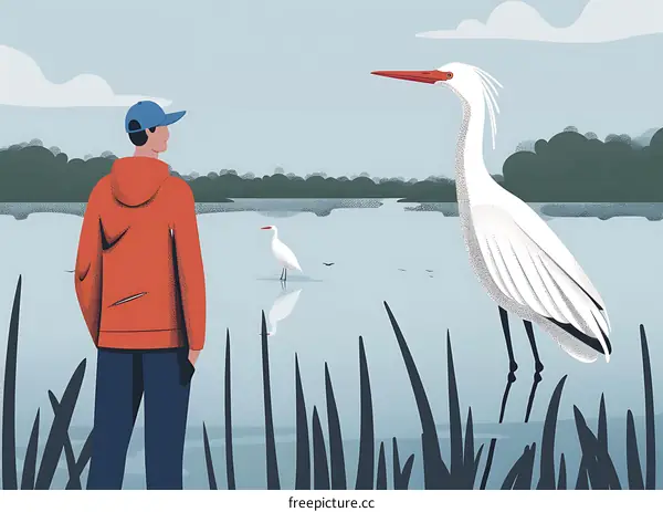 Man in Red Hoodie Looking at a Bird in a Lake