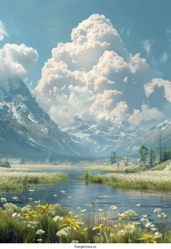 Stunning Mountain Lake Landscape with Fluffy Clouds