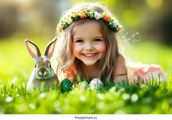 Happy Easter with a Little Girl and Bunny